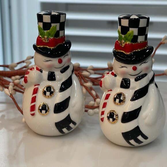 MacKenzie-Childs Courtly Check Snowman Salt & Pepper Set – New in Keepsake Box - Picture 9 of 12